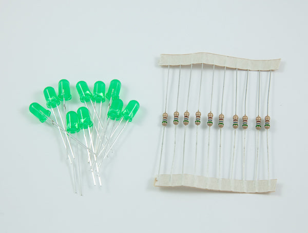 5mm Green LED + Resistor Pack of 10